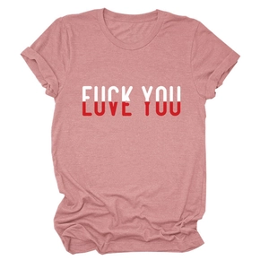 Detail of creative love you text print on soft heather rose crew neck cotton t-shirt