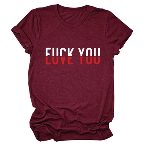 Detail of the burgundy cotton T-shirt featuring a unique Love You graphic print design