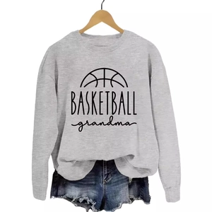 Gray crewneck sweatshirt featuring a Basketball Grandma print with rolled denim shorts