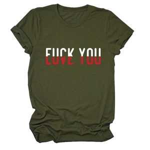 Close-up of creative Love You print on army green casual cotton women's short sleeve T-shirt