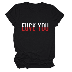 Detailed view of the creative text print on black cotton short sleeve crew neck T-shirt