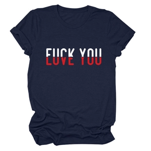 Dark navy cotton T-shirt featuring a unique Love You and Fuck You graphic print