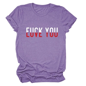 Detailed view of the purple crew neck t-shirt with Love You letter print and fabric texture