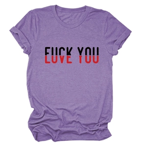 Detail of creative 'Love You' print on heathered purple short sleeve t-shirt