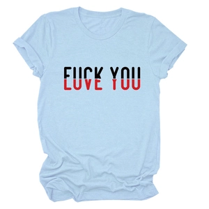 Detail of light blue cotton T-shirt featuring artistic Love You and Fuck You text print