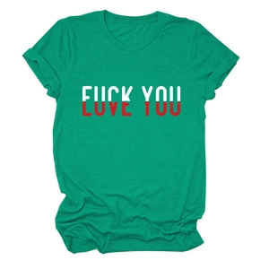 Detail of creative 'Love You' print on grass green cotton t-shirt with crew neck design