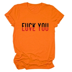 Detail of orange cotton T-shirt featuring bold black and red Love You print design