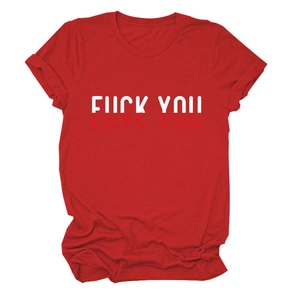Detail of red crew neck t-shirt featuring creative 'LOVE YOU' graphic print design