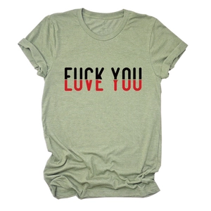 Detail of olive green t-shirt featuring bold red and black Love You print design