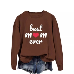 Brown crewneck sweatshirt with Best Mom Ever print and blue denim shorts on white background