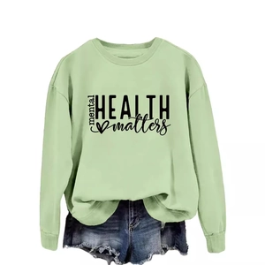 Mint green Mental Health Matters crewneck sweatshirt with long sleeves and ribbed cuffs