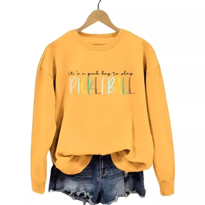 Yellow 'it's a good day to play pickleball' sweatshirt with denim shorts set