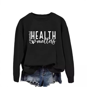 Women's black mental health matters crewneck sweatshirt with heart graphic print