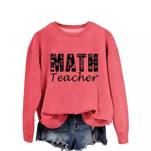 Red crewneck long sleeve sweatshirt for math teachers featuring creative formula prints