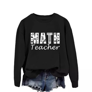Black crewneck sweatshirt for math teachers with creative graphic print and school symbols