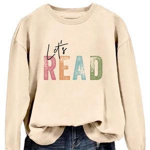Beige crewneck sweatshirt with vintage Let's READ colorful print and ribbed cuffs