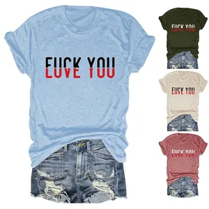 Women T-Shirt Cotton Blend Crew Neck Short Sleeve Love You Fuck You Letter Print Casual Streetwear Summer Top Fashion