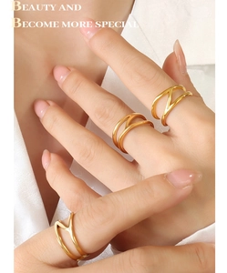 Close-up of minimalist double-layered hollow gold rings worn on fingers with a sleek finish