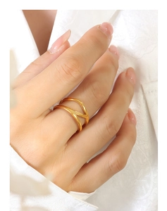 Detail of a gold double-layer minimalist titanium steel ring with an elegant V-shape design