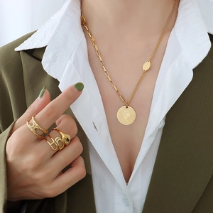 Portrait Coin Pendant Necklace Gold Plated Titanium Steel Asymmetric Mixed Chain Retro Hip Hop Style Jewelry Women