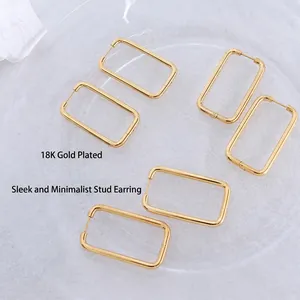 Three pairs of elegant minimalist 18K gold plated stainless steel rectangular hoop earrings