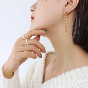 Long Tassel Earrings 18K Gold Plated Titanium Steel Ball Chain Drop Elegant Trendy Jewelry For Women Daily Accessory