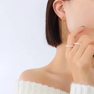 Elegant 18K gold plated bead chain tassel earrings and pearl ring set for women