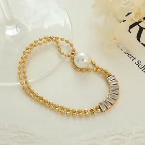 French vintage 18K gold plated double-layer pearl bracelet with square zircon accents