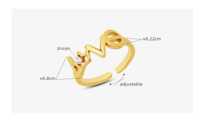 Vue détaillée de la bague ajustable dorée avec zircon et dimensions indiquées