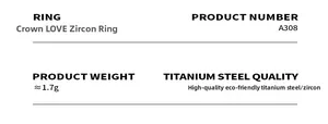 Spécifications de la bague couronne LOVE en zircon et acier titane respectueux de la nature