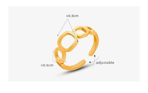 Detail of gold rectangular link ring showing adjustable opening and 0.8cm width specs