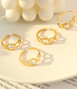 Detailed view of four interconnected gold hollow rectangular rings in a set