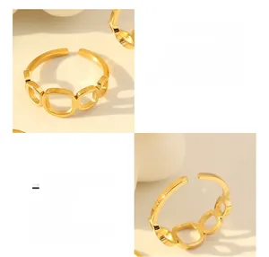 Detail of 18K gold-plated titanium steel ring with geometric square hollow design