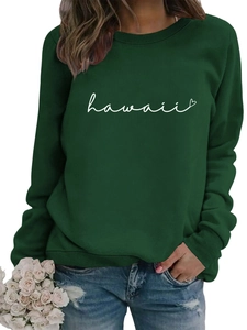 Detail of Hawaii letter and heart print on dark green long sleeve crewneck sweatshirt