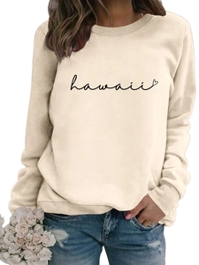 Detail of ribbed neckline and Hawaii heart print on beige long sleeve sweatshirt