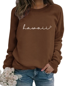 Detail of ribbed neckline and Hawaii heart print on brown cotton sweatshirt