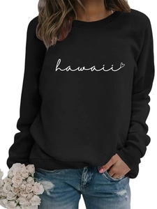 Detail of Hawaii script and heart print on black long sleeve crewneck sweatshirt