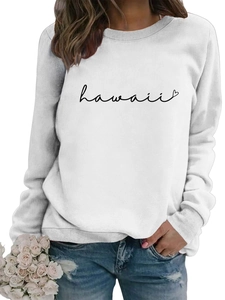 Detail of Hawaii letter print and heart graphic on a white long sleeve sweatshirt