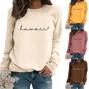 Women Sweatshirt Hawaii Heart Print Cotton Blend Round Neck Long Sleeve Pullover Casual Streetwear
