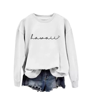 Women's white long sleeve Hawaii heart sweatshirt with casual denim shorts