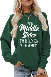 Detail of forest green sweatshirt with white I'M THE REASON WE HAVE RULES slogan print