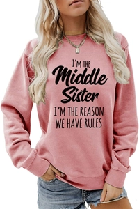 Detail of I'm the Middle Sister print on dusty rose long sleeve crewneck sweatshirt