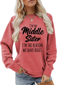 Detail of funny quote print on maroon long sleeve crewneck sweatshirt for women