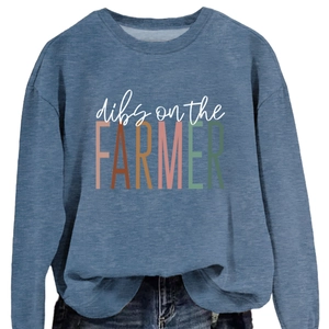 Blue crewneck sweatshirt with 'dibs on the FARMER' colorful print in American casual style