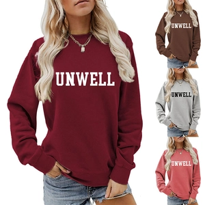 Detail view of casual crewneck sweatshirt with UNWELL letter print in four color options