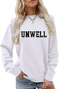 Close-up of UNWELL letter print on a white crewneck sweatshirt for women