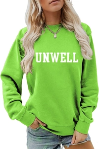 Detail of bright green round neck sweatshirt with UNWELL print and ribbed cuffs