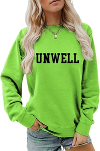 Detail of ribbed cuffs and collar on fluorescent green sweatshirt with UNWELL print