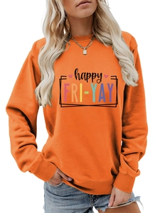 Close-up of Happy Fri-Yay letter print and ribbed crewneck on orange cotton sweatshirt