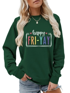 Detail of happy FRI-YAY print and ribbed cuffs on dark green crewneck sweatshirt